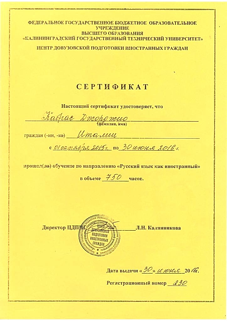 Документы об образовании Кабрас Джорджио