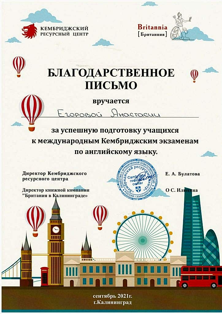 Сертификат Егорова Анастасия
