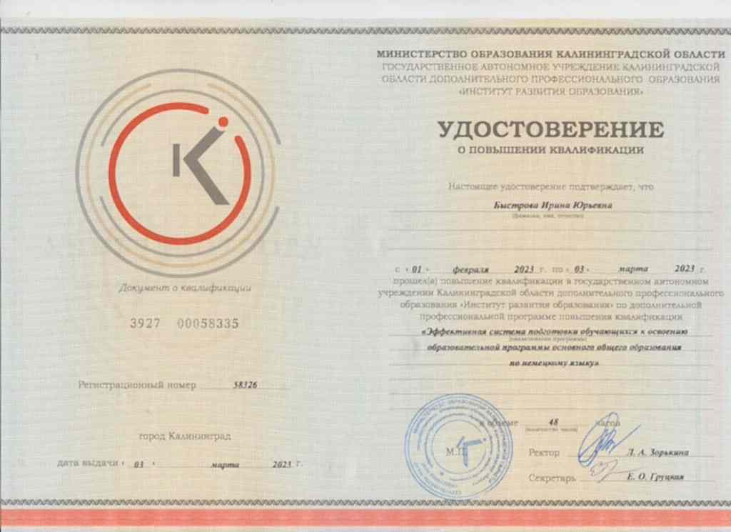Документы об образовании Быстрова Ирина