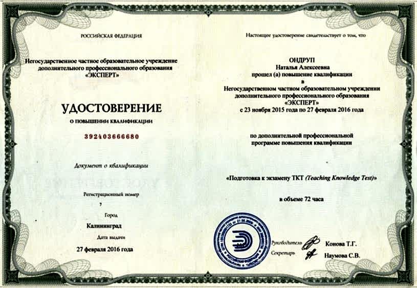 Сертификат Ондруп Наталья