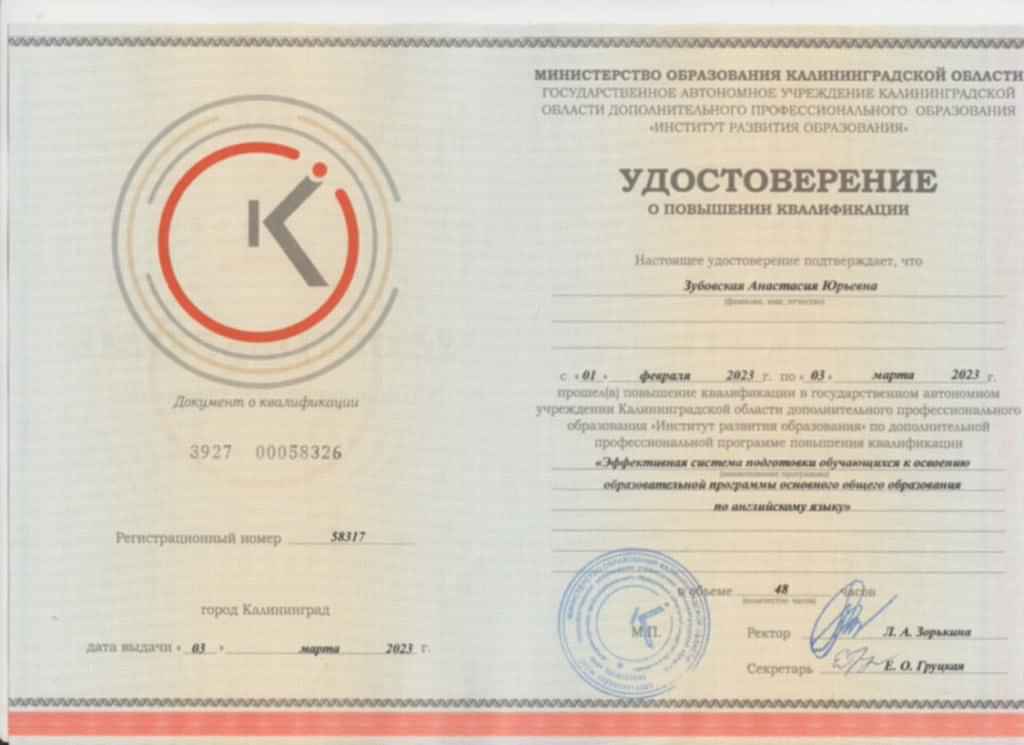 Сертификат Зубовская Анастасия