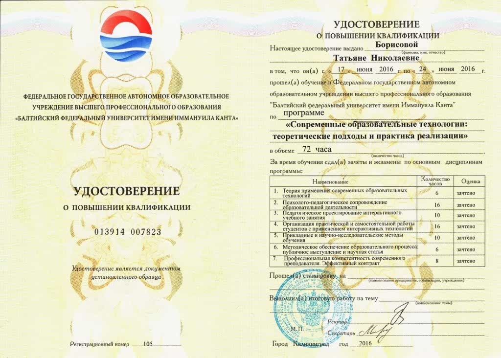 Документы об образовании Борисова Татьяна