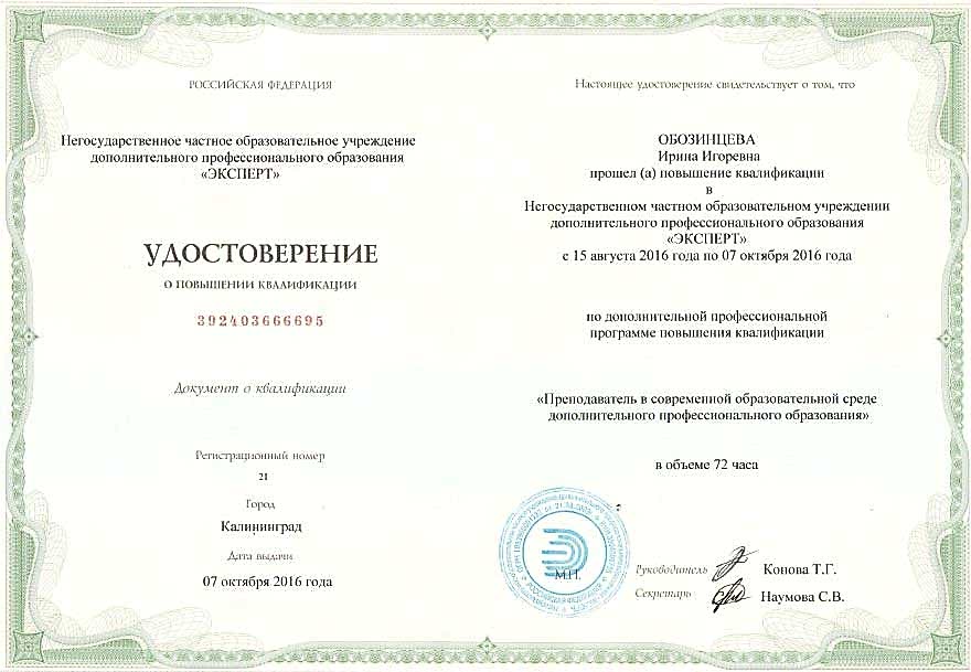 Сертификат Обозинцева Ирина