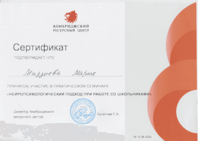 Сертификат Марии Мирзоевой